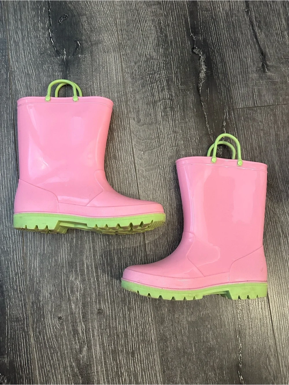 Kids Girls Pink Rain Boots with Lime Trim